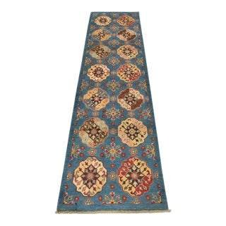 Kazak Runner 2’8” X 9’4” Blue Wool Tribal Hand-Knotted Oriental Rug For Sale