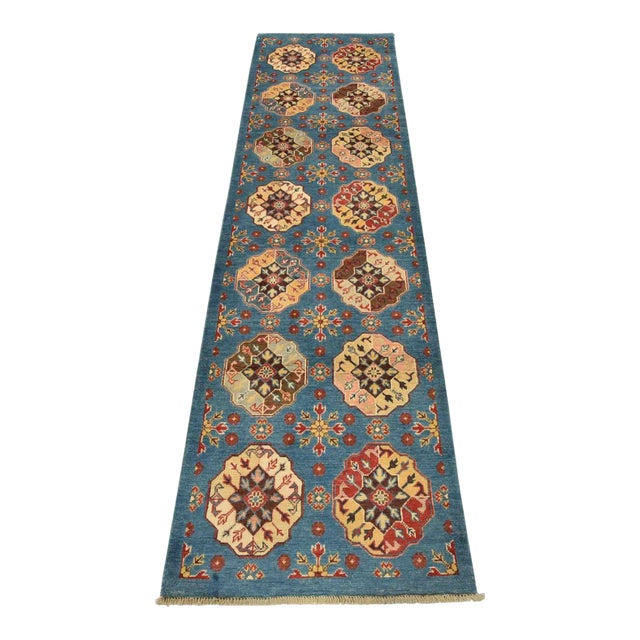 Kazak Runner 2’8” X 9’4” Blue Wool Tribal Hand-Knotted Oriental Rug For Sale