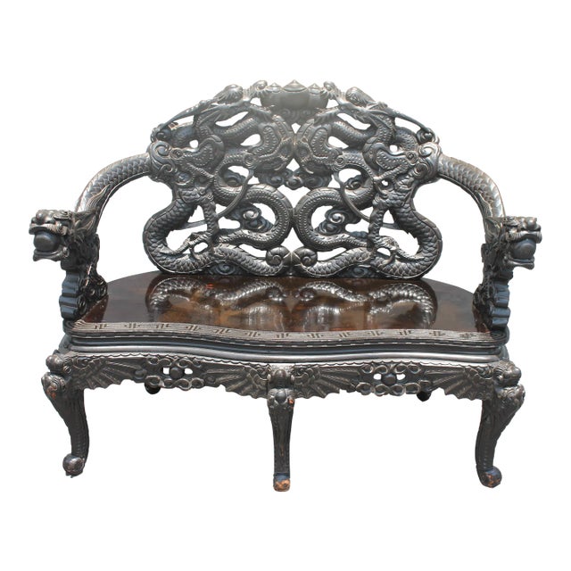Early 20thc Ebonized and Carved Sitting Bench Chinoiserie For Sale