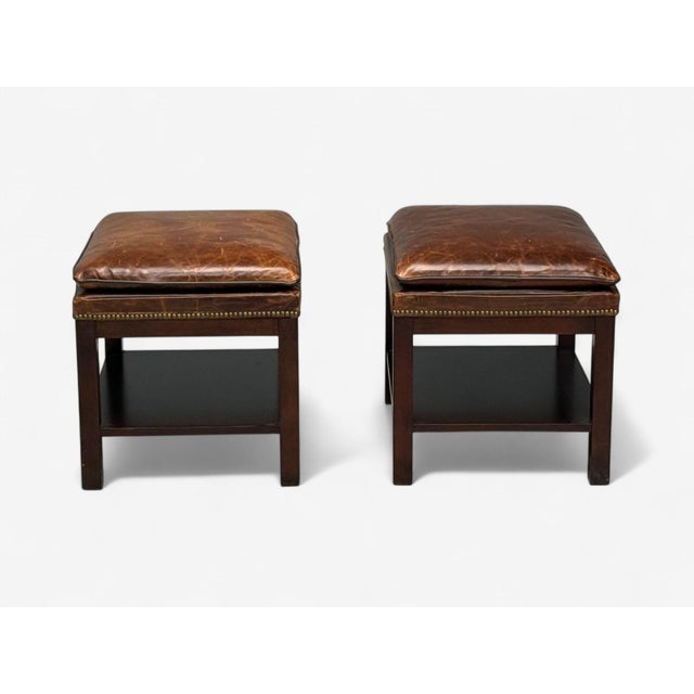 Late 20th Century Georgian Style, Distressed Brown Leather, Mahogany, Ottomans, Usa, 20th C. For Sale - Image 5 of 8