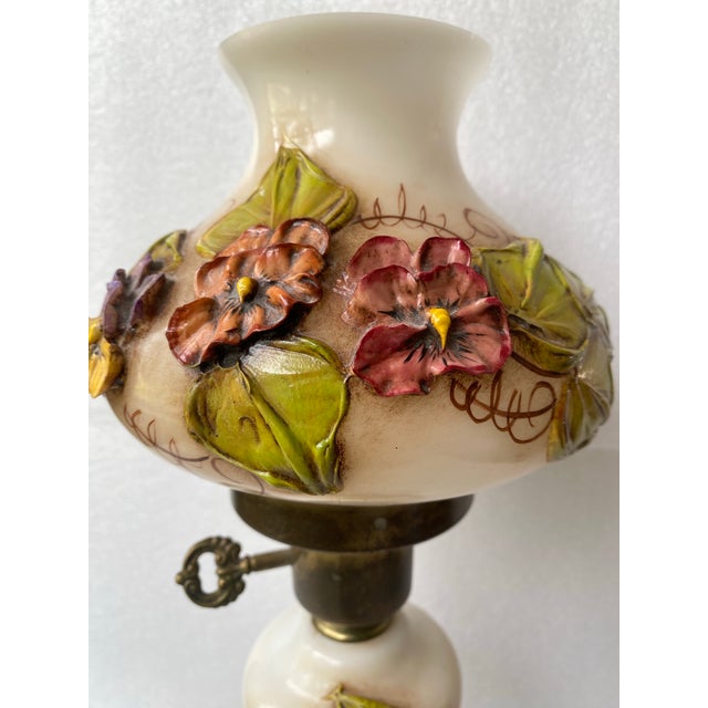 Vintage Victorian Hurricane Opaque 3d Table Lamp - "Gone With the Wind" Featuring Raised, Hand-Painted Floral Motifs on Milk Glass a Marble Base For Sale - Image 9 of 10