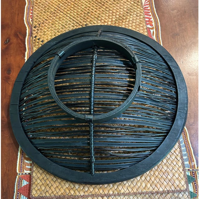 Contemporary Large Black Rattan and Bamboo Shallow Basket For Sale - Image 3 of 4
