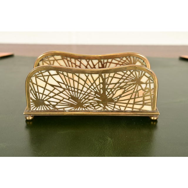 Metal Tiffany Studios New York Pine Needle Bronze Doré and Favrile Slag Glass Letter Rack For Sale - Image 7 of 11
