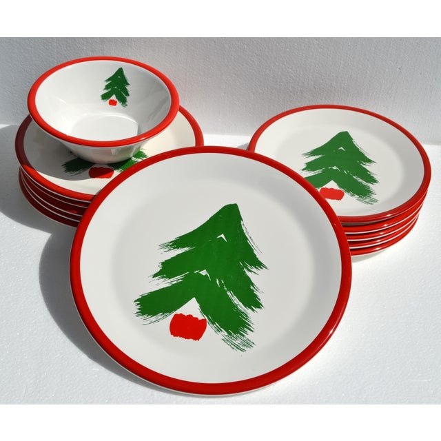 Adam Pfaltzgraff Set 12 Pfaltzgraff Marimekko Oy Christmas Tree Red Band Design Dinnerware Late 20th Century For Sale - Image 4 of 16