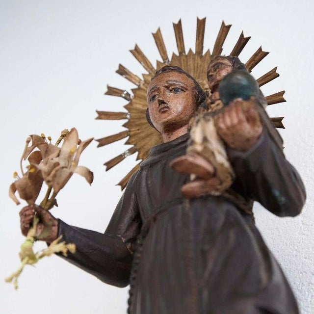 Brown Traditional Saint Figure in Hand-Painted Wood, 1950 For Sale - Image 8 of 14