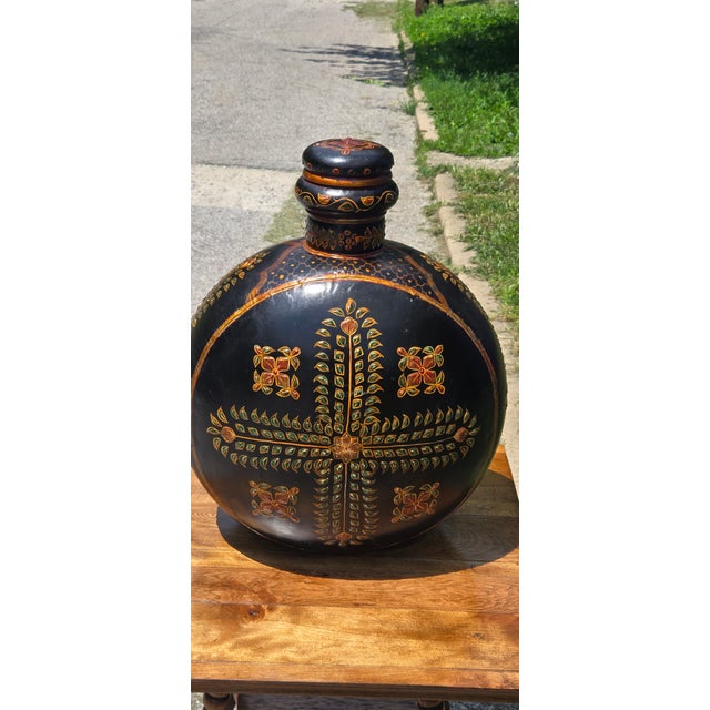1930s Vintage Hand-Painted Blackware Pottery Bottle Vase With Floral Folk Art Motif For Sale - Image 5 of 18