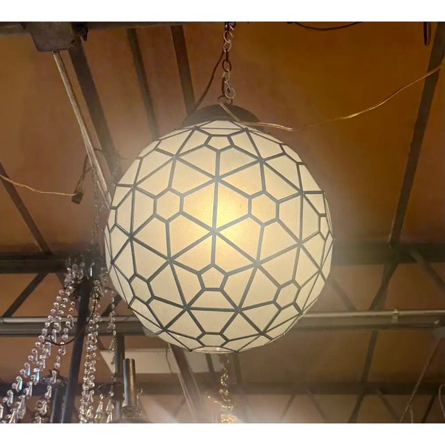 Art Deco Style Globe White Milk Glass & Brass Pendant Chandelier Lantern For Sale - Image 10 of 15
