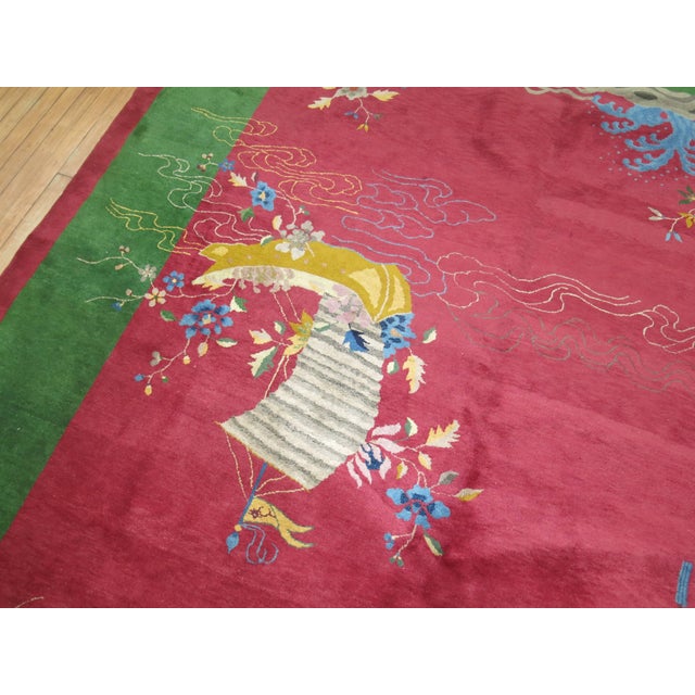 Textile Antique Zabihi Collection Room Size Raspberry Ground Chinese Art Deco Rug - 9' x 11'7" For Sale - Image 7 of 10
