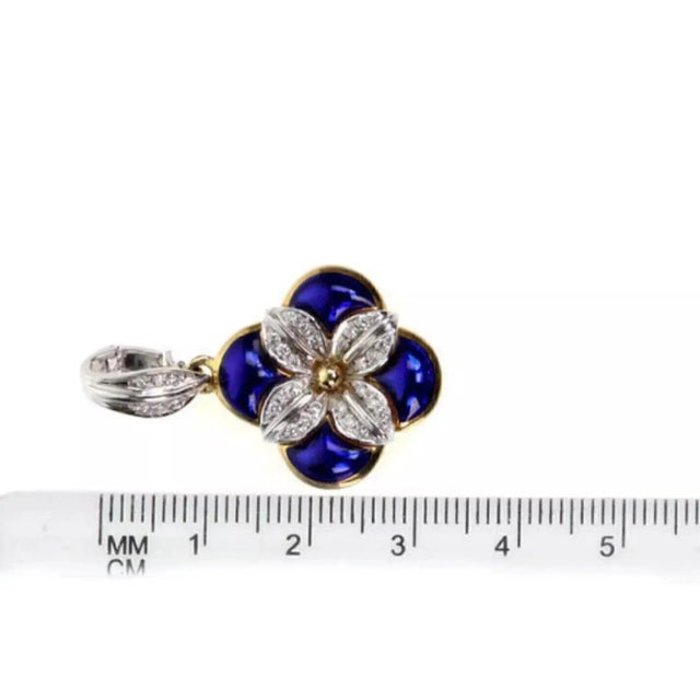 H.Stern 18k Two Tone Diamond Blue Enamel Gold Flower Pendant For Sale - Image 4 of 4