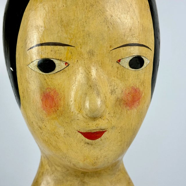 Mid 19th Century French Marotte/Milliner Mannequin Bust in Green Dress & Black Hair For Sale - Image 11 of 11