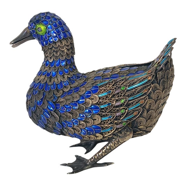 Vintage Filigree Enamel Duck Bird Figurine Sterling Silver Beak and Feet Blue & Gold With Green Eyes For Sale