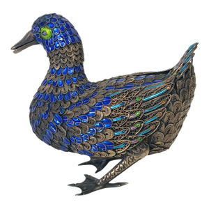 Vintage Filigree Enamel Duck Bird Figurine Sterling Silver Beak and Feet Blue & Gold With Green Eyes