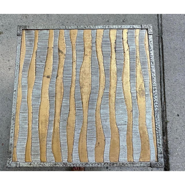 1980s Sarreid Style Silver and Gold Tin Covered Trunk Drinks Table With Button Feet and Paper Lined Interior For Sale - Image 5 of 12