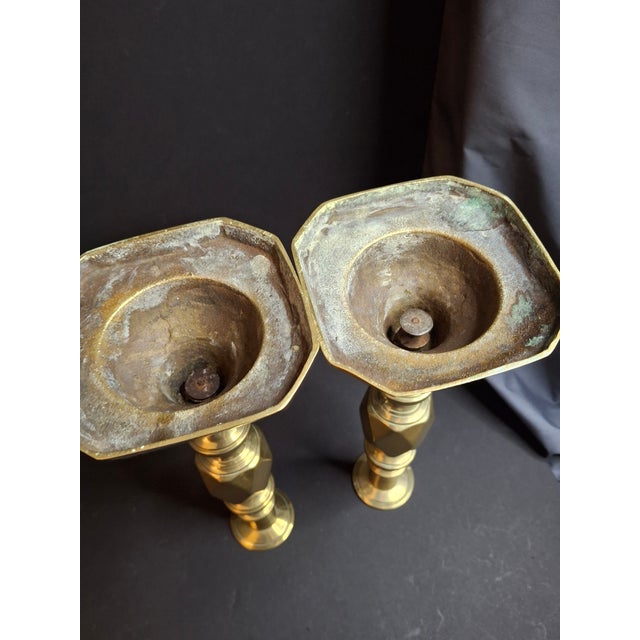 Antique Matching Pair Victorian "The Queen of Diamonds" Brass Candlesticks 11" Push Up Ejector c.1897 For Sale - Image 13 of 18