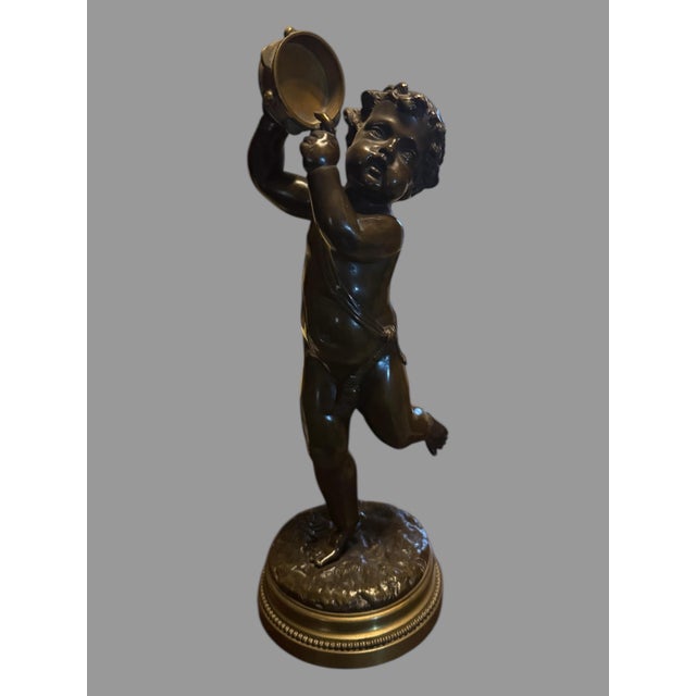 Metal Antique Victorian Clodion 14.5" Figural Bronze Statue Sculpture Musician Playing a Tambourine For Sale - Image 7 of 12