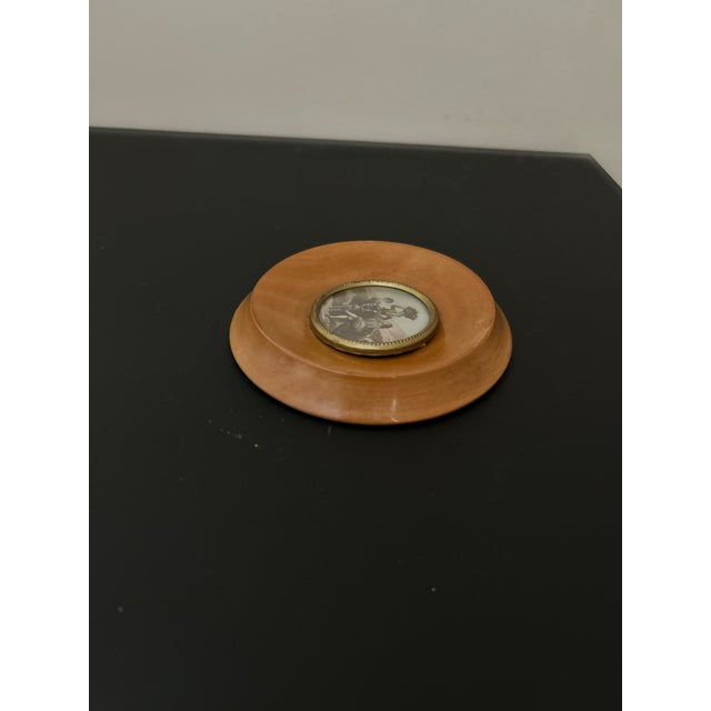 Traditional Vintage Spanish Pastoral Wall Plaque, Wood Framed Medallion With Metal Inset, Figural Scene, 4.875" Round For Sale - Image 3 of 7
