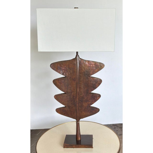 Original retail $1720, stylish Arteriors Modern Tall Aged Copper Sculptural Table Lamps, white fabric shades, showroom...