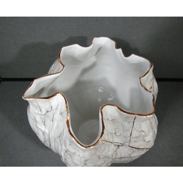 Kavana Décor Sculptural White & Gray Porcelain Vase With Gold Ruffled Rim For Sale - Image 11 of 14