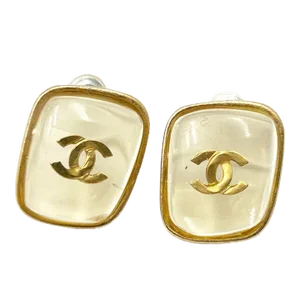 Chanel Vintage Gold CC Clear Rectangle Stud Piercing Earrings - 2 Pieces