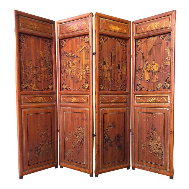 Antique Chinese Hand Painted 4-Panel Wood Screen For Sale