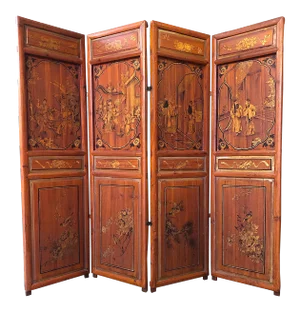 Antique Chinese Hand Painted 4-Panel Wood Screen
