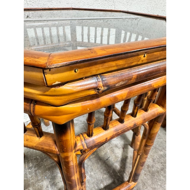 Wood Vintage Boho Burnt Bamboo Glass Top Drink Tables - A Pair For Sale - Image 7 of 7