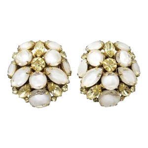 Vintage 1950s Signed Hattie Carnegie White Stones & Faux-Citrine Clip Earrings - 2 Pieces