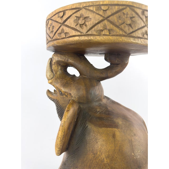 Vintage Hand-Carved Solid Hardwood Elephant Stool / Sculptural Folk Art Side Table For Sale - Image 13 of 16