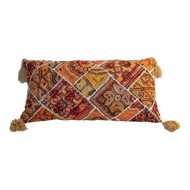 Vintage Pillow in Colorful Embroidered Fabric Patchwork Rajasthan India For Sale