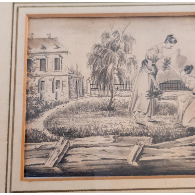 Paper 19th Century European English Pen and Ink Genre Scene With Women in a Garden For Sale - Image 7 of 15