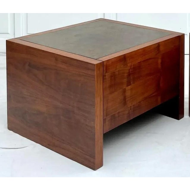 Brown Mid-Century Modern Harry Lunstead Style Wood Cabinet Side Table With Etched Metal Top For Sale - Image 8 of 11