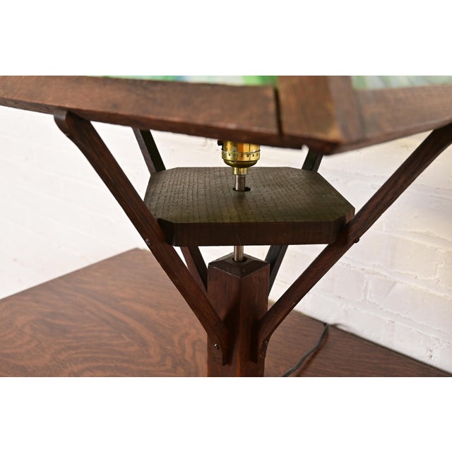 Brown Stickley Style Antique Mission Arts & Crafts Oak Table Lamp With Slag Glass Shade, Circa 1920s For Sale - Image 8 of 12