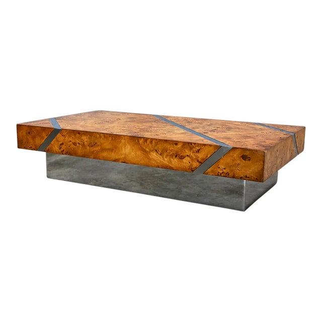 Late 20th Century Modern Burl Veneer Chrome & Polished Stainless Steel Floating Coffee Table Plinth Base For Sale