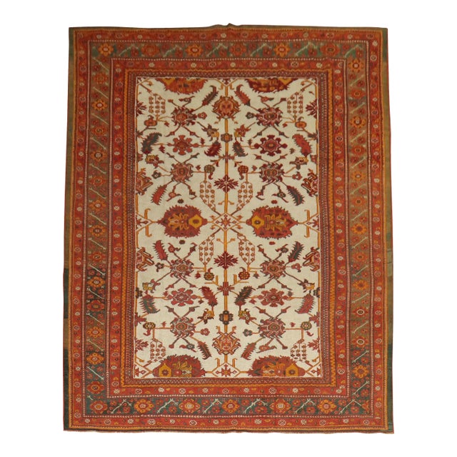 Antique Zabihi Collection Ivory Field Turkish Oushak Carpet - 8'11" x 13' For Sale