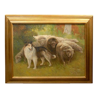 William Henry Drake 1917 Oil on Canvas Painting of Sheep and Dog in Landscape For Sale