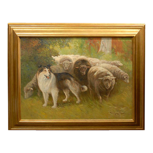 William Henry Drake 1917 Oil on Canvas Painting of Sheep and Dog in Landscape