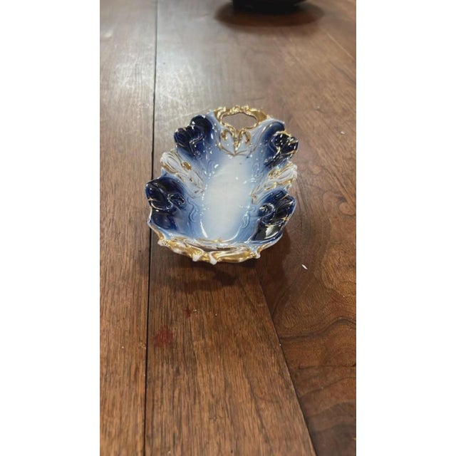 Antique Flow Blue Porcelain Handled Relish Dish With Gold Gilt For Sale - Image 4 of 5