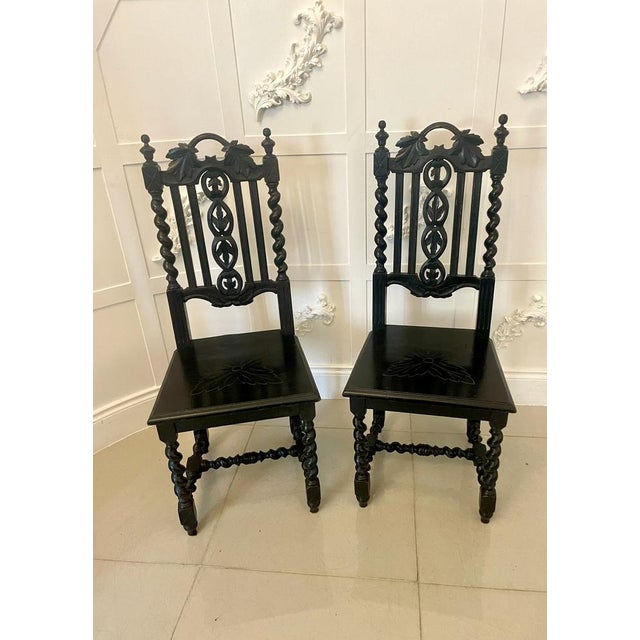Pair of antique Victorian quality carved ebonised oak side chairs having quality ebonised oak carved backs depicting...
