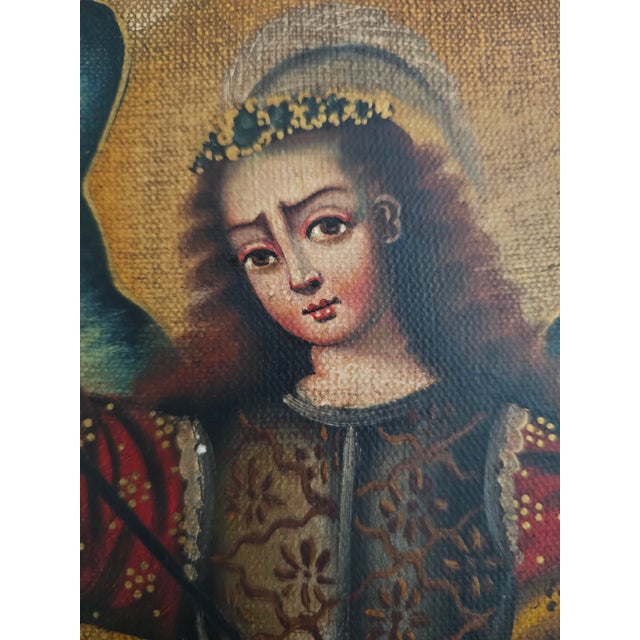 Gold Pair Cusco School Paintings Madonna and Child & Archangel Barachiel 20th Century For Sale - Image 8 of 12