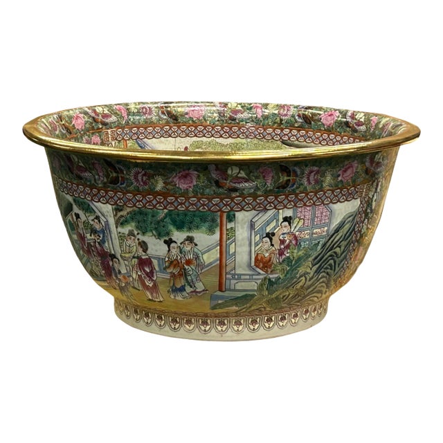 Vintage Chinese Famille Rose People House Graphic Large Porcelain Bowl Pot For Sale