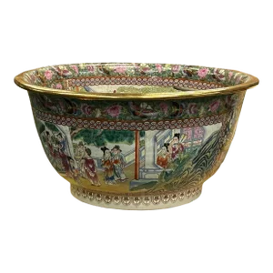 Vintage Chinese Famille Rose People House Graphic Large Porcelain Bowl Pot