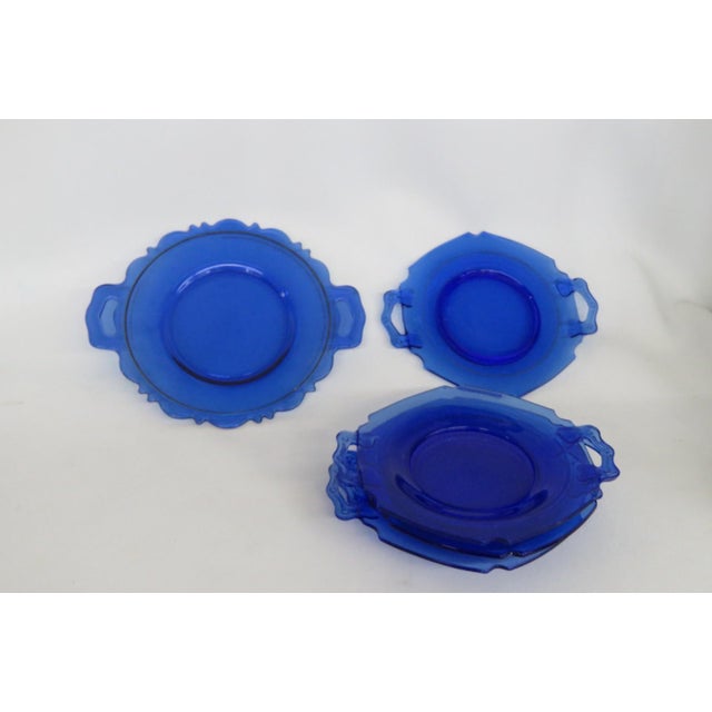 Art Deco Early 20th Century Le Smith Mount Pleasant Cobalt Blue Glass Plates With Handles Set of Five For Sale - Image 3 of 18