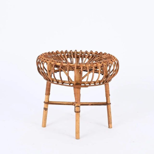 Franco Albini Mid-Century Rattan and Wicker Round Pouf Stool by Franco Albini, Italy, 1960s For Sale - Image 4 of 12