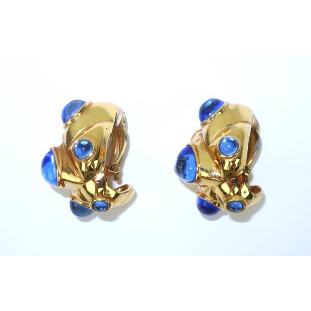 Metal Antigona Paris Gold Plated Sculptural Earrings With Blue Cabochons, a Pair For Sale - Image 7 of 12