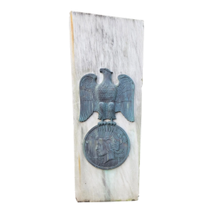 Early 20th Century Federal Bank Marble and Bronze Emblem Having 'Peace' Dollar Coin and Spread Eagle Design on Carrara Marble Panel