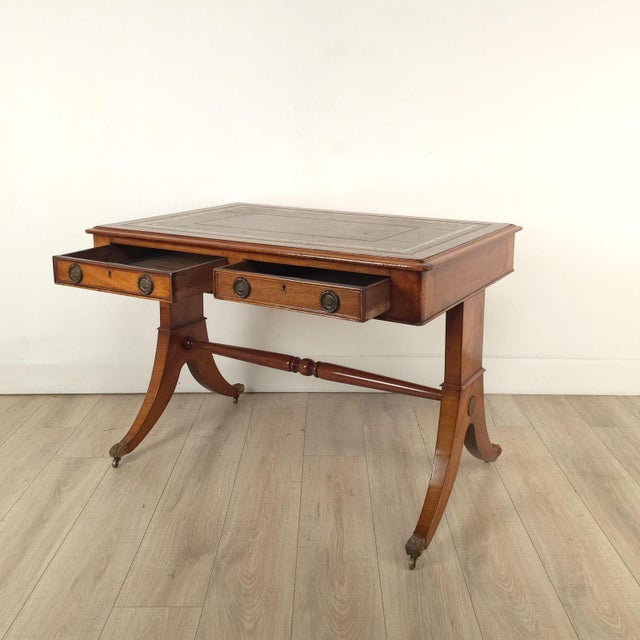 Traditional Regency English Leather Top Writing Table, England Circa 1830 For Sale - Image 3 of 12