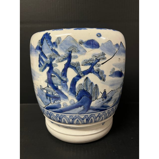 ITEM NAME: Japanese Art Porcelain Blue and White Jardinier with Mountain Scenery Design ORIGIN: Japan AGES: Late 20th...