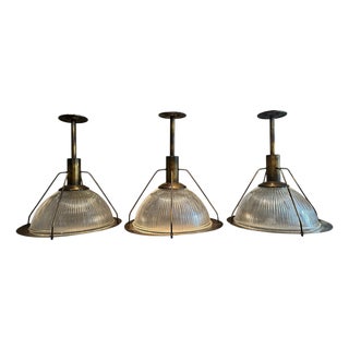 Industrial Burnished Brass and Glass Pendants from Holophane, Set of 3 For Sale