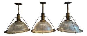 Industrial Burnished Brass and Glass Pendants from Holophane, Set of 3