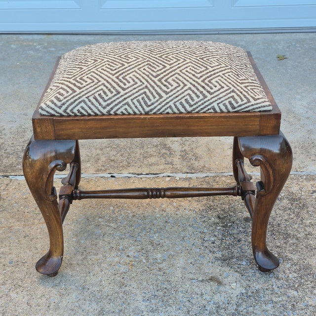 Queen Anne Early 20th Century Greek Key Queen Anne Walnut Foot Stools Benches Ottomans - A Pair For Sale - Image 3 of 8